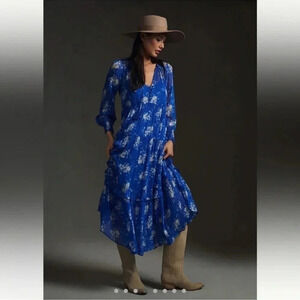 Anthropologie The Marais Printed Chiffon Maxi Dress Long Sleeve Blue Floral 1X